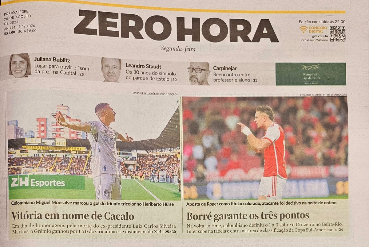lucasvon's tweet photo. RENATO x ROGER

Por que eu sou acusado de "defensor" e "passador de pano" do Renato, mesmo pedindo Vojvoda há 2 anos e criticando o treinador do Grêmio em vários jogos (inclusive com contundência em alguns)?

Por dois motivos. Primeiro, porque elogio ele quando merece. Pros radicais, não se pode ponderar. Me incomodo quando critico e quando elogio. Os dois polos se enfurecem.

E o segundo motivo é a má vontade da imprensa para com ele. O exemplo a seguir é bobo, sutil, quase imperceptível. Mas tem maiores, contra os quais me insurjo e pago de "defensor do Renato".

ZH DE HOJE (legenda das fotos):

🇪🇪 Colombiano Miguel Monsalve marcou o gol do triunfo tricolor no Heriberto Hülse 
🇦🇹 Aposta de Roger como titular colorado, atacante foi decisivo na noite de ontem

Aí eu pergunto... Havia algum debate em torno da titularidade de Borré? Havia um quebra-cabeças complexo para Roger montar e conseguir encaixar o colombiano? Não, não havia. Foi a contratação mais cara e badalada do Inter e sua titularidade é mais do que óbvia. Mas a matéria consegue cavocar um "mérito do Roger" que, afinal, "apostou nele" e deu certo.

Do outro lado, aí sim, debates efusivos. Renato crucificado por não usar Monsalve em outros jogos. Discussão sobre a possibilidade de Cristaldo jogar junto com Monsalve ou apenas um deles. Mesmo tendo errado antes (e sido corretamente criticado), dessa vez Renato apostou em Monsalve. Se antes teve dedo no fracasso, agora teve mérito no acerto. Mas a chamada da capa passa longe desse ponto de vista.

Seria muito mais pertinente, JORNALISTICAMENTE FALANDO (não gremisticamente):

🇪🇪 Aposta de Renato como titular gremista, Monsalve foi decisivo no Heriberto Hülse
🇦🇹 Colombiano Rafael Borré marcou o gol do triunfo colorado no Beira-Rio

A soma dos detalhes faz o todo. E, muitas vezes, a má vontade aqui e a boa vontade acolá nem é tão no detalhe assim.