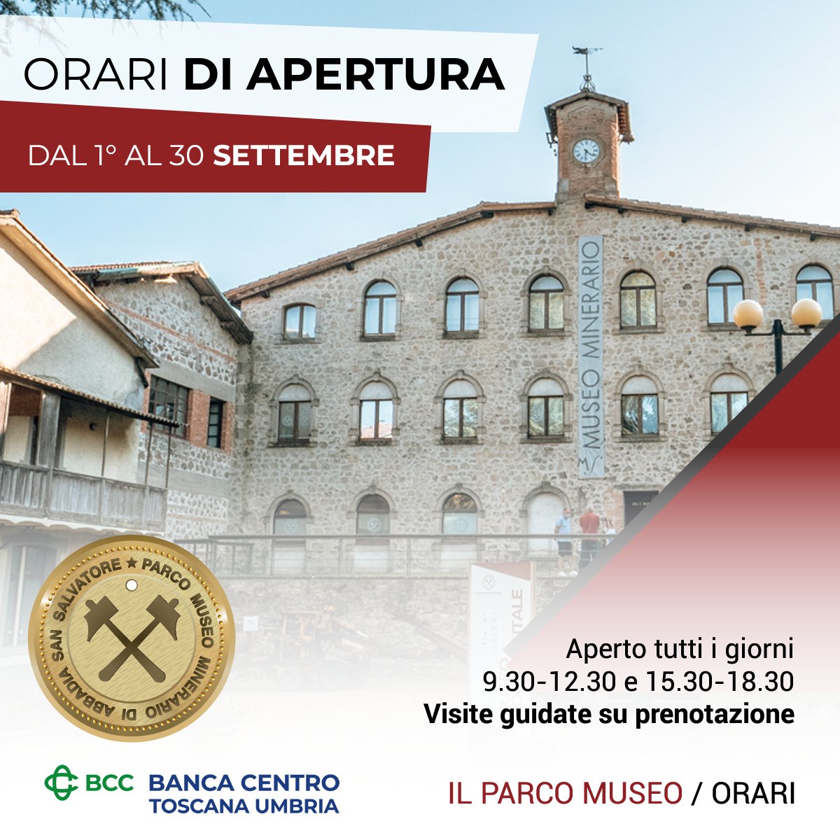 A #Settembre siamo ancora APERTI TUTTI I GIORNI! Veniteci a trovare!
Il Parco Museo Minerario sarà aperto dalle ore 9.30 alle ore 12.30 e dalle ore 15.30 alle ore 18.30 – Visite guidate su prenotazione.
#abbadiasansalvatore #terredisiena #musei #mercurio #miniera #visituscany