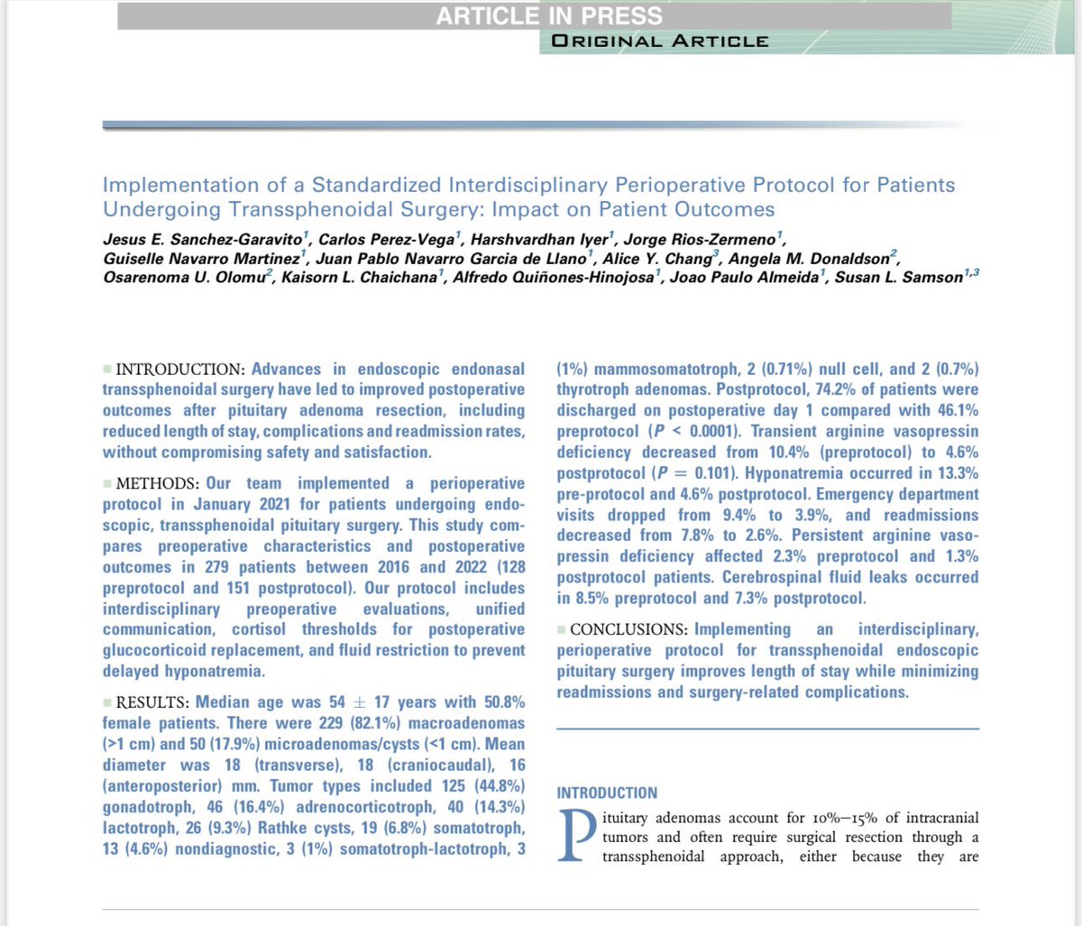Check out our most recent manuscript going over our program’s implementation of a standardized peri-operative protocol for patients undergoing transphenoidal surgery! 🧠<a href="/DoctorQMd/">Dr. Alfredo Quiñones-Hinojosa</a> <a href="/joao_p_almeida/">Joao Paulo Almeida</a> <a href="/carlosperezv/">Carlos Pérez-Vega</a> <a href="/Harsh_Iyer_MBBS/">Harshvardhan Iyer MBBS</a> <a href="/jpnavarro_md/">Juan P. Navarro-Garcia de Llano</a> <a href="/JorgeRios_MD/">Jorge Rios Zermeno MD</a>  doi.org/10.1016/j.wneu…