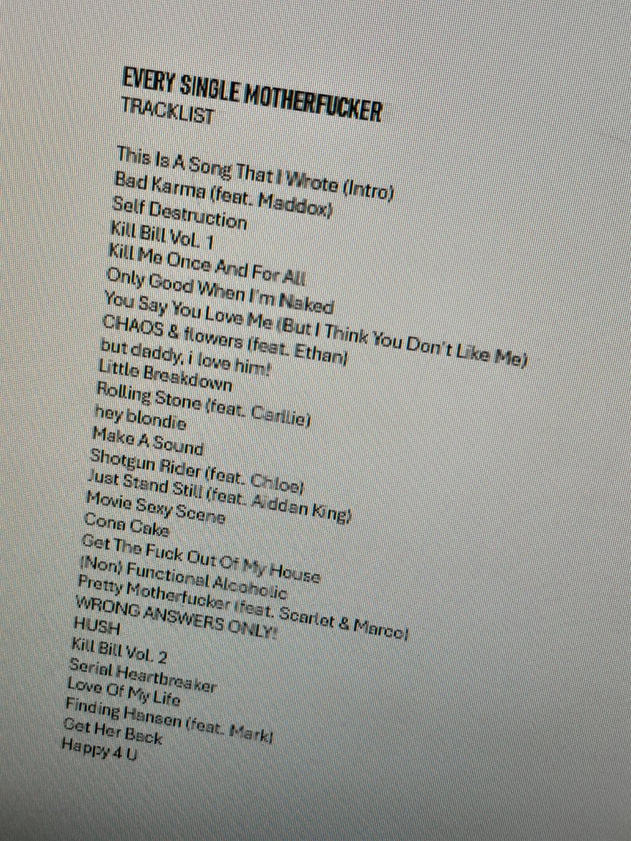 🚨 Acaba de vazar uma possível tracklist do “Every Single Motherfucker”.

Ps: Não compartilhem. Estamos apenas noticiando.