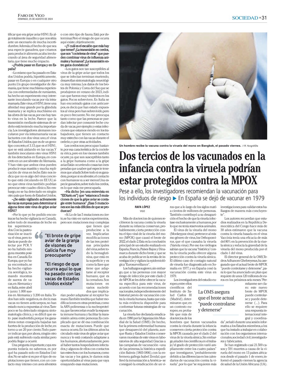 Elisa Pérez-Ramírez (@bureli) on Twitter photo #Mpox, #GripeAviar, #WestNile, #CrimeaCongo.... las zoonosis no dan tregua!
De todas ellas hablo en esta entrevista en @FarodeVigo a cargo de <a href="/Garcio72/">Rafa López 🇺🇦🇪🇺🇪🇸🇮🇱 🇬🇪</a>.
Hay que aprovechar el interés mediático para seguir insistiendo en la interconexión entre salud humana y animal #OneHealth #Mpox, #GripeAviar, #WestNile, #CrimeaCongo.... las zoonosis no dan tregua!
De todas ellas hablo en esta entrevista en @FarodeVigo a cargo de <a href="/Garcio72/">Rafa López 🇺🇦🇪🇺🇪🇸🇮🇱 🇬🇪</a>.
Hay que aprovechar el interés mediático para seguir insistiendo en la interconexión entre salud humana y animal #OneHealth