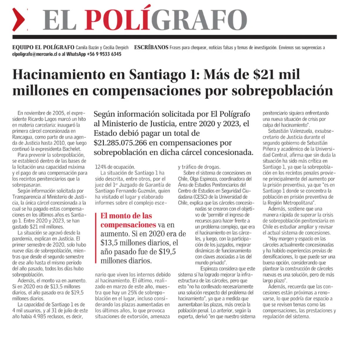 Los costos del hacinamiento en Santiago 1: Más de $21 mil millones en compensaciones por sobrepoblación.
La nota en El Mercurio de hoy. digital.elmercurio.com/2024/08/26/C/G…