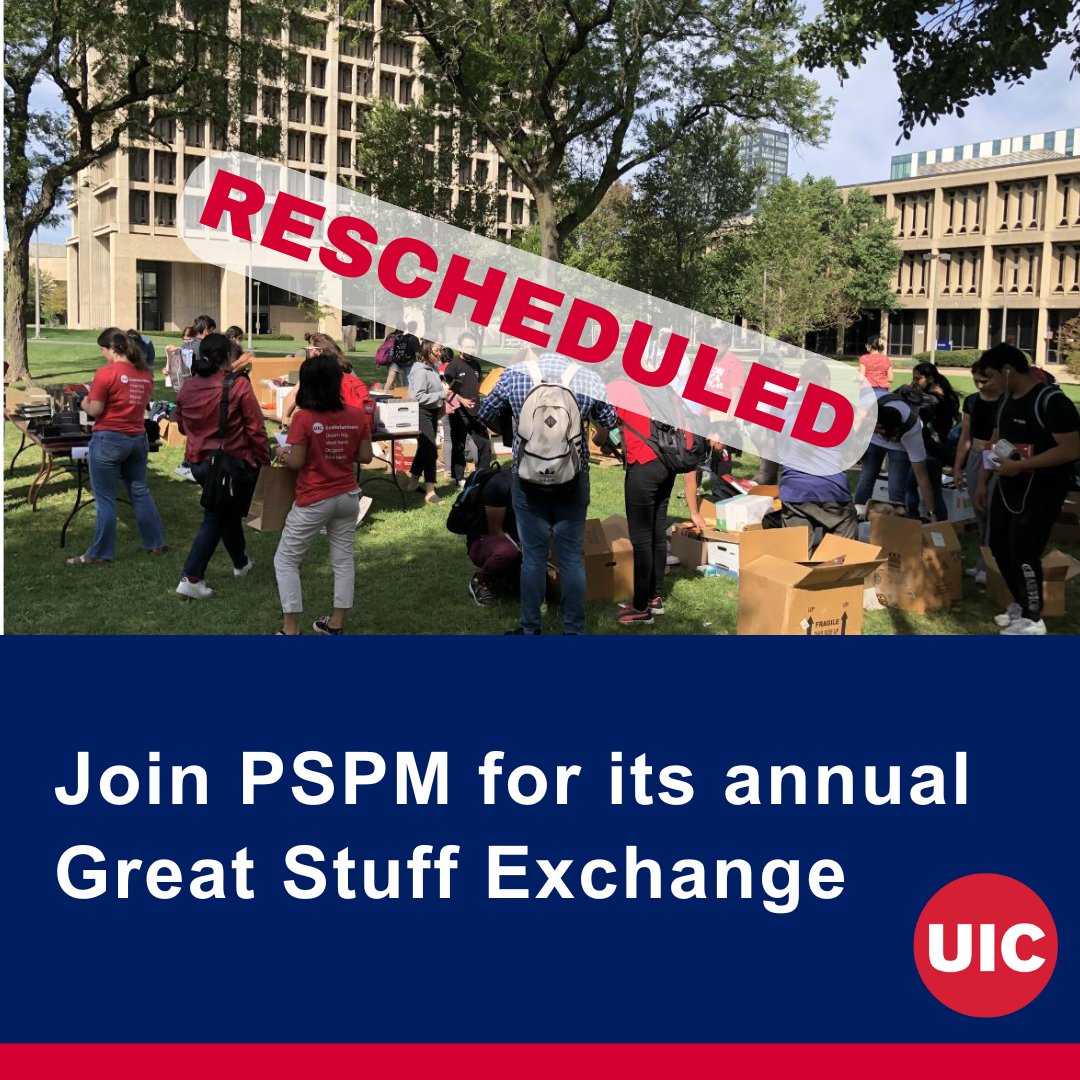 Due to the excessive heat, the Great Stuff Exchange, an office supply giveaway event, has been rescheduled and will now be held Tuesday, September 3, from 10 a.m. to 2 p.m. in the Quad.

#SustainabilityatUIC #SustainableUIC #UIC
