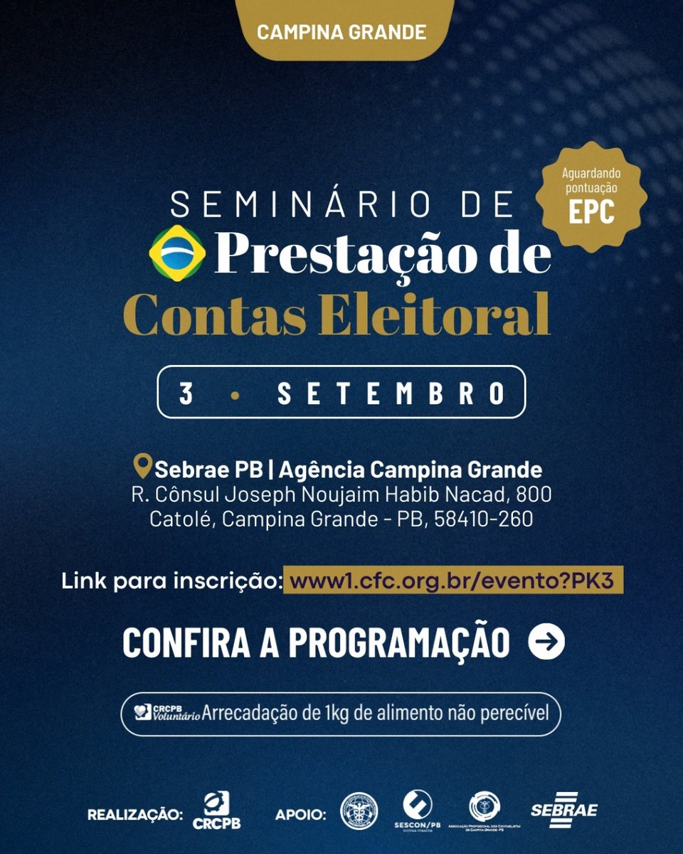 crcparaiba's tweet photo. 📅 03/09 - Seminário de Prestação de Contas Eleitoral

O CRCPB por meio da Comissão Eleitoral, promove o Seminário de Prestação de Contas Eleitoral.

📍 Local: SEBRAE, Campina Grande-PB
🔗 Inscrições: https://t.co/48vgsKAyvo

Confira a programação completa em nosso site. https://t.co/Gq3pextrr2