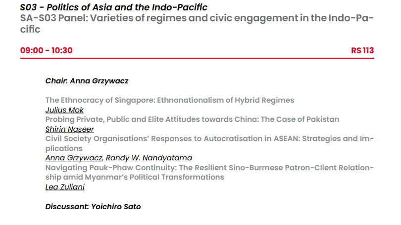 AnnaYGrzywacz's tweet photo. 5. Varieties of regimes and civic engagement in the Indo-Pacific
Saturday, 31 August 2024, 09:00-10:30
Room RS 113
@JCSM_20

6/7 https://t.co/4wMxRyprmc