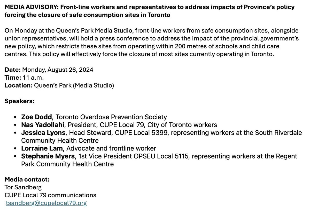 cupelocal79's tweet image. MEDIA ADVISORY: Front-line workers &amp;amp; representatives to address impacts of Province’s policy forcing the closure of safe consumption sites
 
Monday, August 26, 2024 
11 a.m.
Queen’s Park (Media Studio)

@ZoeDodd @NasYadollahi