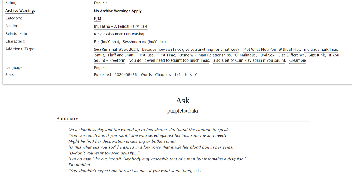 purpletsubaki's tweet photo. How could I not join #sessrinsmutweek24? The first one-shot I wrote for the event is now up! Yet another obviously very very 🔞take about their first time😘 Hope you enjoy!

"Ask" by purpletsubaki https://t.co/d1P6elfJ37 

#sessrin https://t.co/nWdkQWouj3
