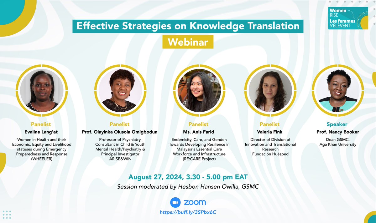 Happening tomorrow! #WomenRise Knowledge Translation (KT) Webinar <a href="/IDRC_CRDI/">IDRC | CRDI</a> <a href="/aphrc/">APHRC</a> <a href="/AKU_GSMC/">AKU Graduate School of Media and Communications</a>.

The #WomenRise initiative is convening this webinar to discuss strategies and best practices for researchers to enhance KT throughout the research cycle. 

<a href="/HesbonHansen/">Hesbon Hansen Owilla</a> <a href="/Lynnmukuhi/">Lynette Kamau</a>