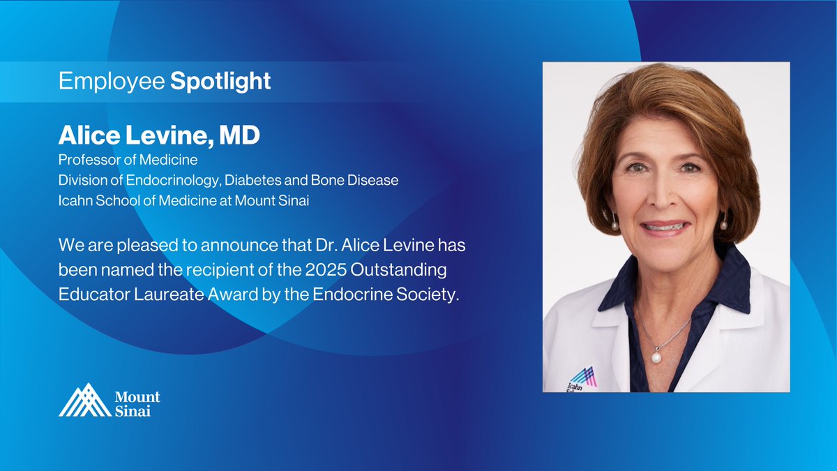 Mount Sinai Department of Medicine (@domsinainyc) on Twitter photo Congratulations to Dr. Alice Levine on receiving the 2025 Outstanding Educator Laureate Award from <a href="/TheEndoSociety/">Endocrine Society</a>. Her dedication to advancing endocrine education and mentoring future healthcare leaders is truly inspiring.
Learn more: bit.ly/4cFXEP5
#WeFindAWay Congratulations to Dr. Alice Levine on receiving the 2025 Outstanding Educator Laureate Award from <a href="/TheEndoSociety/">Endocrine Society</a>. Her dedication to advancing endocrine education and mentoring future healthcare leaders is truly inspiring.
Learn more: bit.ly/4cFXEP5
#WeFindAWay
