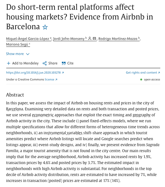 JorgeGalindo's tweet photo. Efecto de Airbnb sobre precios en Sagrada Familia (BCN):
→ Alquiler: +1.9%
→ Transacciones: +4,6% (!)

Estiman incrementos de hasta el 7% en precios de alquiler en los barrios con mayor actividad. https://t.co/hEqTb4PHUk