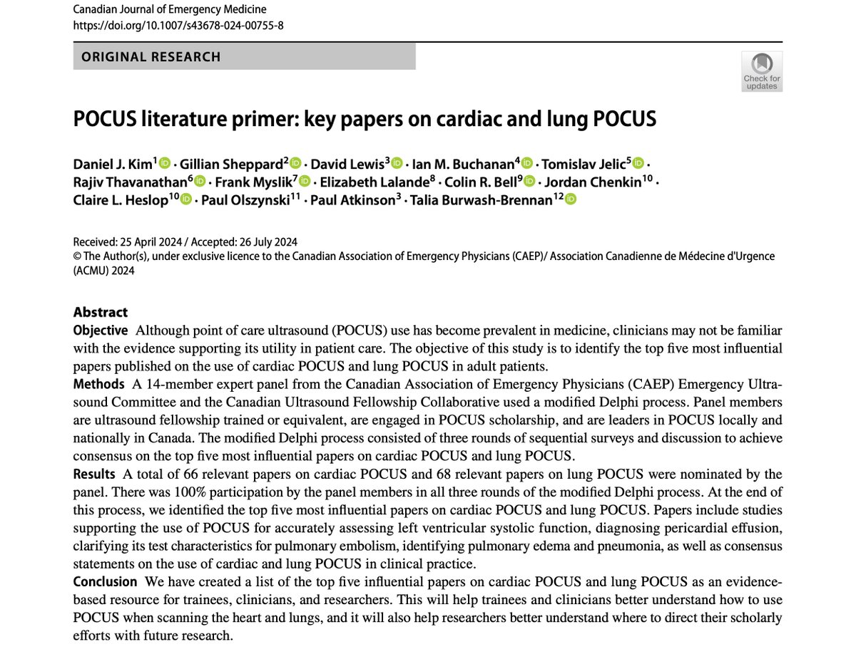 Dan Kim (@dan___kim) on Twitter photo Hot off the press in <a href="/CJEMonline/">CJEM</a>! Our expert panel just tackled cardiac and lung #POCUS for our POCUS literature primer series. <a href="/CAEP_EUC/">CAEP Emergency Ultrasound Committee</a> <a href="/CAEP_Docs/">CAEP</a> <a href="/GillianSheppar9/">Gillian Sheppard</a> <a href="/TomJelic/">Tom Jelic</a>
🔗doi.org/10.1007/s43678…
Check out the 🧵 below for our top 5 papers on cardiac & lung POCUS 👇 Hot off the press in <a href="/CJEMonline/">CJEM</a>! Our expert panel just tackled cardiac and lung #POCUS for our POCUS literature primer series. <a href="/CAEP_EUC/">CAEP Emergency Ultrasound Committee</a> <a href="/CAEP_Docs/">CAEP</a> <a href="/GillianSheppar9/">Gillian Sheppard</a> <a href="/TomJelic/">Tom Jelic</a>
🔗doi.org/10.1007/s43678…
Check out the 🧵 below for our top 5 papers on cardiac & lung POCUS 👇