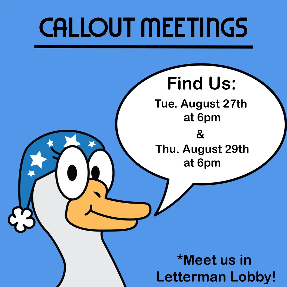 bsu_tonight's tweet image. It’s callout meeting week here at BSU Tonight! We hope to see you soon!!
