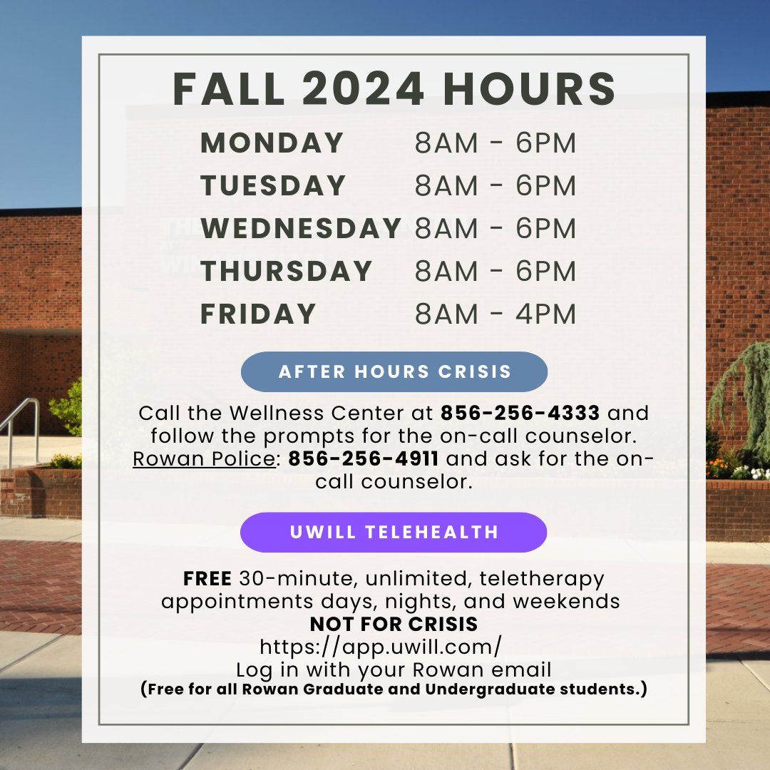 Fall Wellness Center hours begin on Tuesday, September 3rd. Our doors open at 8 am. We can't wait to see you, Profs!