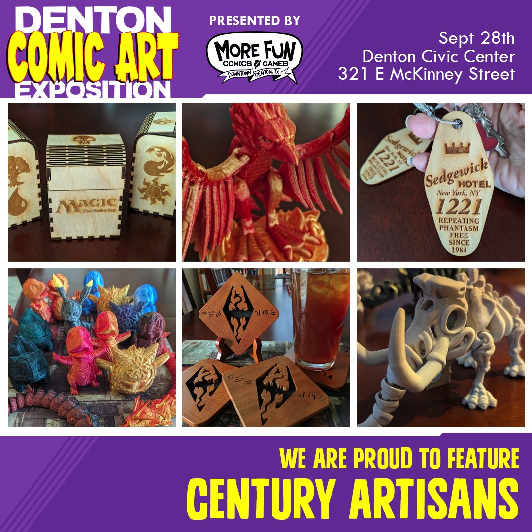 dentoncomicart's tweet photo. We are proud to feature @CenturyArtisans at the fourth annual Denton Comic Art Expo!

Don't forget it will be on September 28, 2024, at the Denton Civic Center.

Get your FREE tickets here: https://t.co/p4mnMTnuXK

#CenturyArtisans #ScrollSawArt #3DPrinting https://t.co/FJ3vdCbU1r