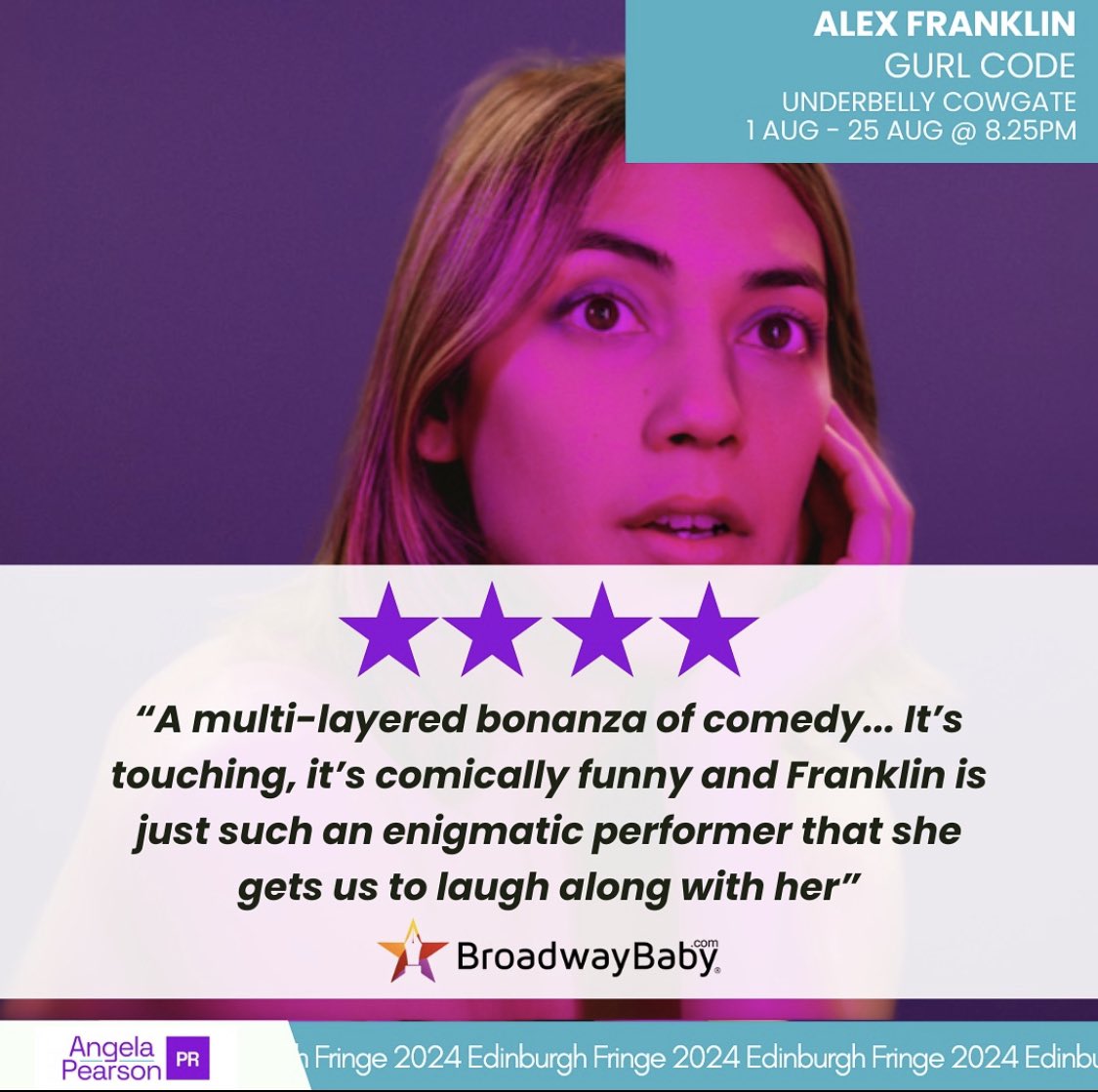 Angela Pearson (@pearson_ange) on Twitter photo “𝘈 𝘮𝘶𝘭𝘵𝘪-𝘭𝘢𝘺𝘦𝘳𝘦𝘥 𝘣𝘰𝘯𝘢𝘯𝘻𝘢 𝘰𝘧 𝘤𝘰𝘮𝘦𝘥𝘺…”
🌟🌟🌟🌟 for @alex_franklin_hallo’s Gurl Code from <a href="/broadwaybabycom/">Broadway Baby</a> 💫🎉
🔗 Full article: broadwaybaby.com/shows/alex-fra…
#unleashyourfringe #edfringe #Edinburgh #edfringe2024 #edinburghfestivalfringe #alexfranklin “𝘈 𝘮𝘶𝘭𝘵𝘪-𝘭𝘢𝘺𝘦𝘳𝘦𝘥 𝘣𝘰𝘯𝘢𝘯𝘻𝘢 𝘰𝘧 𝘤𝘰𝘮𝘦𝘥𝘺…”
🌟🌟🌟🌟 for @alex_franklin_hallo’s Gurl Code from <a href="/broadwaybabycom/">Broadway Baby</a> 💫🎉
🔗 Full article: broadwaybaby.com/shows/alex-fra…
#unleashyourfringe #edfringe #Edinburgh #edfringe2024 #edinburghfestivalfringe #alexfranklin
