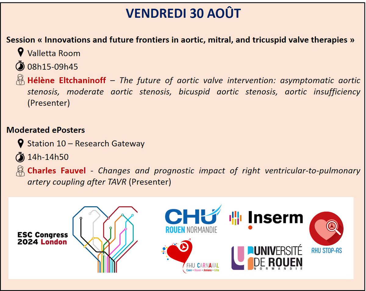 Cardio_CHURouen's tweet photo. 🚨J-4 #esc2024 
Retrouvez l'équipe du service de Cardiologie du @CHURouen tout au long du congrès de l'@escardio à Londres.
Retrouvez le programme des 2 premiers jours juste ici et la suite en thread 👇
@heleltchaninoff @CharlesFauvel https://t.co/VISZ1zUU5V