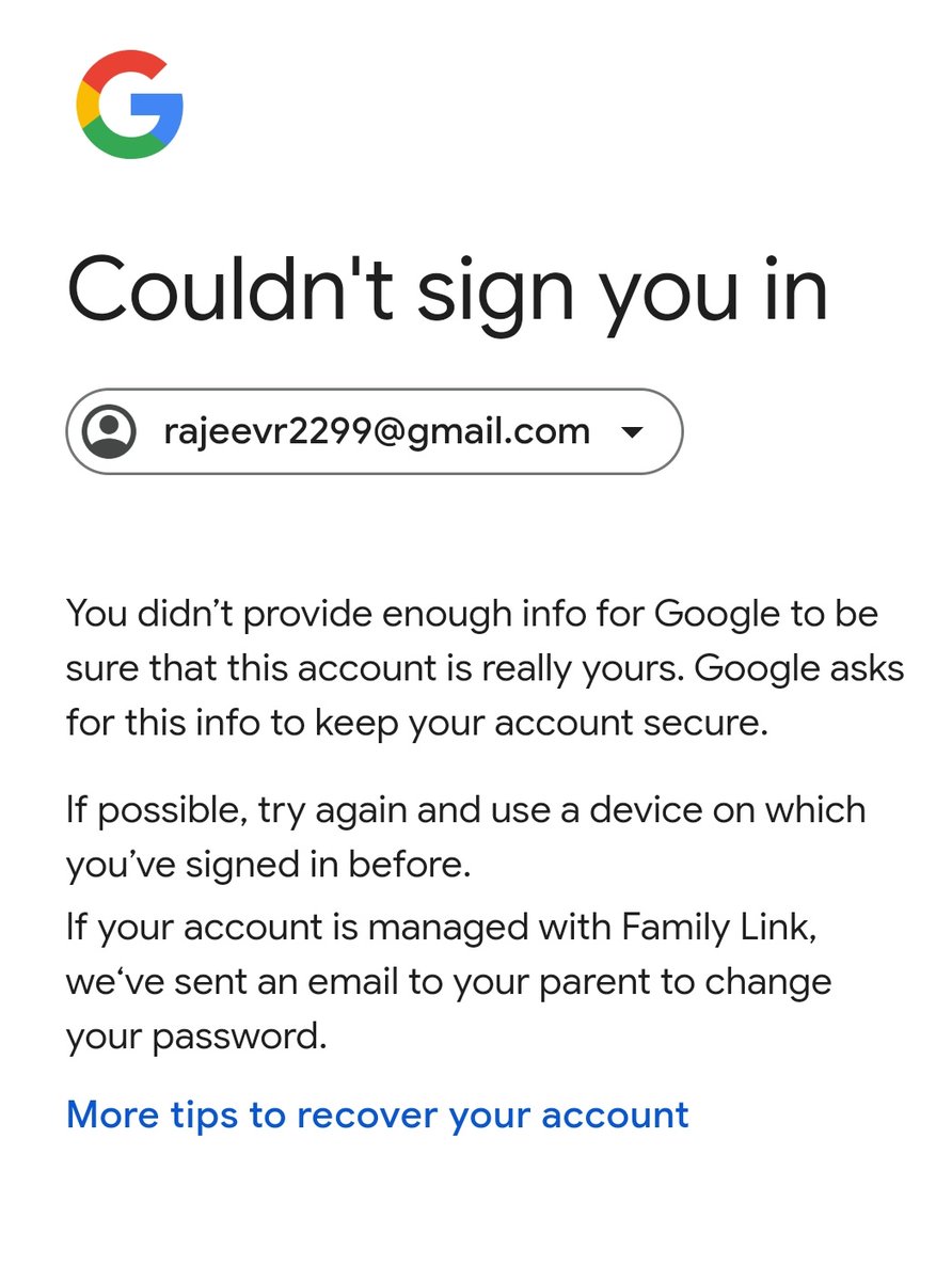 rajeevr2299's tweet photo. @Google @GoogleIndia 
I can't recover my gmail account,
rajeevr2299@gmail.com 
I forget my password n , I have only recovery phone, not email id, 
Please help https://t.co/dTR4MxbrYl