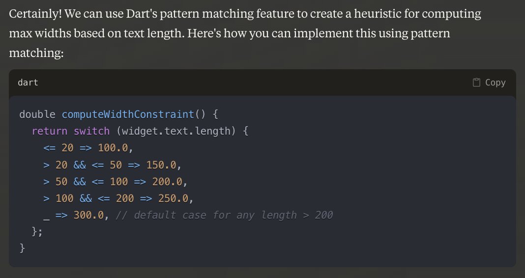 redsprint_ai's tweet photo. Claude 3.5 Sonnet is intriguing...
Here I asked it to code this with pattern matching in Dart. But it also suggested I use a simpler method using tuples. https://t.co/QmXscKEfsH