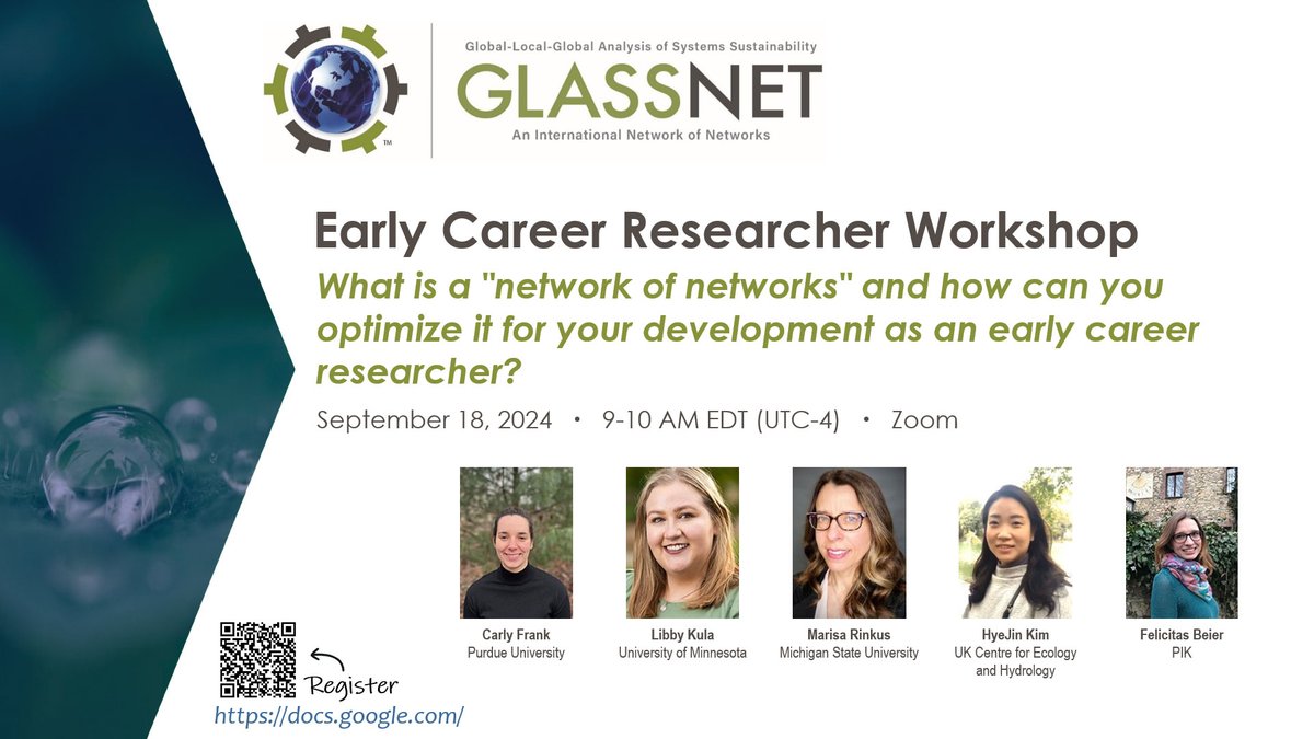#GLASSNET Early Career Researcher Workshop: 
What is a "network of networks" and how can you optimize it for your development as an early career researcher?  

September 18, 2024 9:00am - 10:00am EDT (UTC-4) 

REGISTER HERE: docs.google.com/forms/d/e/1FAI…