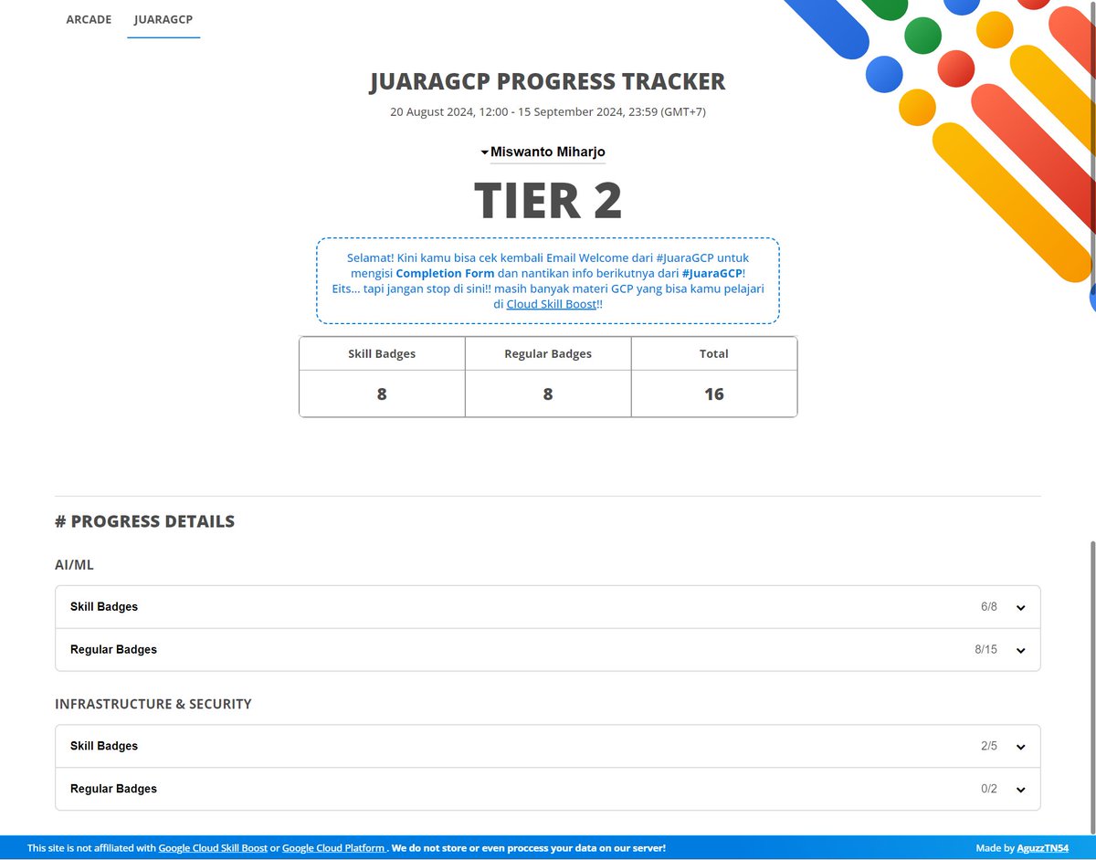 masmisz's tweet photo. Alhamdulillah komplit 16 badges. Terima kasih Google. #JuaraGCP #JuaraGCPS10  @googledevsid https://t.co/4mnQDyaD8e