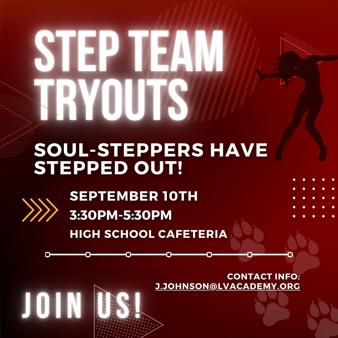 LVAcademy's tweet image. Ready to step up? 📷 Join us for Step Team tryouts on September 10th at 3:30 PM! Show us your moves and be part of something amazing. Let's make some noise together! 📷 #StepTeam #Tryouts #UnleashYourRhythm #LVASteppers #IBSteppin