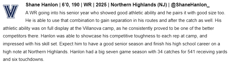 ShaneHanlon_'s tweet photo. Thanks @sixstarfootball for write up @coachdcord @NHighlandsFB @desalvocrew 

VILLANOVA PROSPECT CAMP COVERAGE I  Several rising senior offensive prospects make noise at Villanova (2025) - Six Star Football https://t.co/Zg0oEaUGdp https://t.co/tEWCrhz0CS