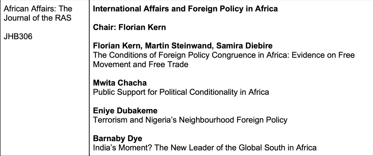 floriangkern (@floriangkern) on Twitter photo Excited to kick off <a href="/ASAUK_News/">AfricanStudiesUK</a> 2024 on Thursday with our panel on "International Affairs and Foreign Policy in Africa" in the <a href="/AfrAfJournal/">African Affairs</a> stream, presentations by <a href="/chacha_republic/">Mwita Chacha</a> <a href="/BarnabyJDye/">Dr Barnaby Joseph Dye</a> <a href="/eniye_chris/">Eniye Christian Dubakeme</a> <a href="/SDiebire/">Samira Diebire</a> @MartinSteinwand and me. Thanks <a href="/fisheridd/">Jonathan Fisher 🇺🇦</a> for organising! Excited to kick off <a href="/ASAUK_News/">AfricanStudiesUK</a> 2024 on Thursday with our panel on "International Affairs and Foreign Policy in Africa" in the <a href="/AfrAfJournal/">African Affairs</a> stream, presentations by <a href="/chacha_republic/">Mwita Chacha</a> <a href="/BarnabyJDye/">Dr Barnaby Joseph Dye</a> <a href="/eniye_chris/">Eniye Christian Dubakeme</a> <a href="/SDiebire/">Samira Diebire</a> @MartinSteinwand and me. Thanks <a href="/fisheridd/">Jonathan Fisher 🇺🇦</a> for organising!