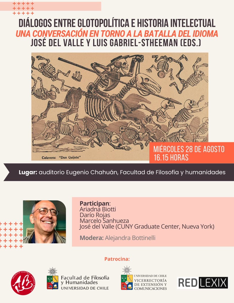 📚Diálogos entre glotopolítica e historia intelectual. Una conversación en torno La batalla del idioma, de José del Valle y Luis Gabriel-Stheeman (eds.)

📅Miércoles 28
⏰16.15 hrs.

⚡️Actividad con la presencia de la historiadora Ariadna Biotti, investigadora del <a href="/Archivo_Bello/">Archivo Central Andrés Bello</a>