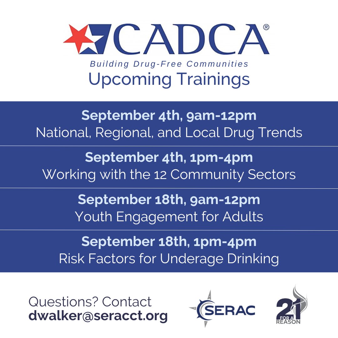 📅 Mark Your Calendars for September 4th &amp; 18th!

Join SERAC and CADCA for four essential training sessions. Don't miss out on this chance to enhance your prevention skills and make a difference in your community!

➡️ Register here: bit.ly/4cU1aqe