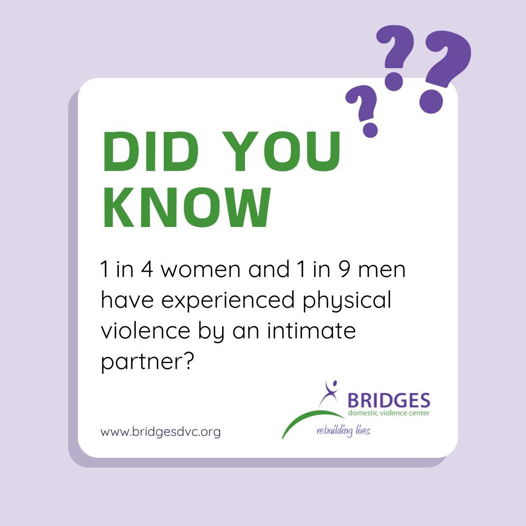 BridgesDVC's tweet image. 1 in 4 women and 1 in 9 men face intimate partner violence. At Bridges Domestic Violence Center, we're educating to support survivors and prevent abuse. Together, we can make a difference. 💜 ow.ly/qoWj50SNrc5
