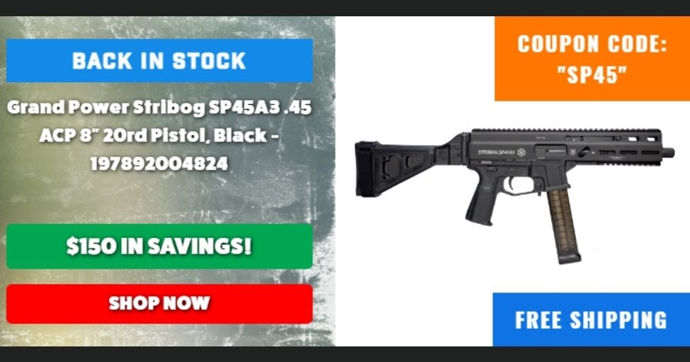 AKballistics's tweet photo. Get 150 bucks off with code "SP45", and free shipping on the lower 48 with this deal from PSA on the Stribog 45 8" Pistol.
⭐️🔥➡️ https://t.co/9tbGeZJBzE
Good Deal
Affiliate Link 🔥 🔥
#Guns #Firearms #45auto #GunDeals #Stribog #2AShallNotBeInfringed @palmettoarmory https://t.co/osVuIJe7L6