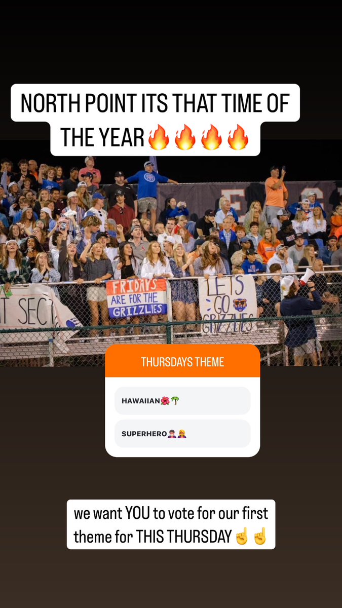 NPSTUDENTS's tweet photo. 🚨NORTH POINT STUDENTS🚨
😁😁we want YOUR INPUT😁😁
vote for our football theme for THIS THURSDAY versus FHN on our instagram page 
 user: northpointstudentsection https://t.co/uBOYCvxic5