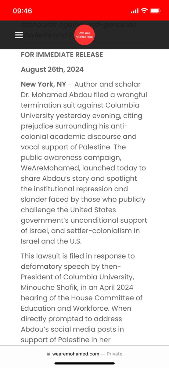 minuetinGmajor's tweet photo. Today my lawyers launched a lawsuit against @Columbia &amp; former president baroness Nemat Minouche Shafik. As always Allah leads the way. Infinite gratitude to my lawyers &amp; incredible media team of individuals &amp; students. This isn’t about me &amp; hence #wearemohamed. 
Press release: https://t.co/Rqf3YGmbNa