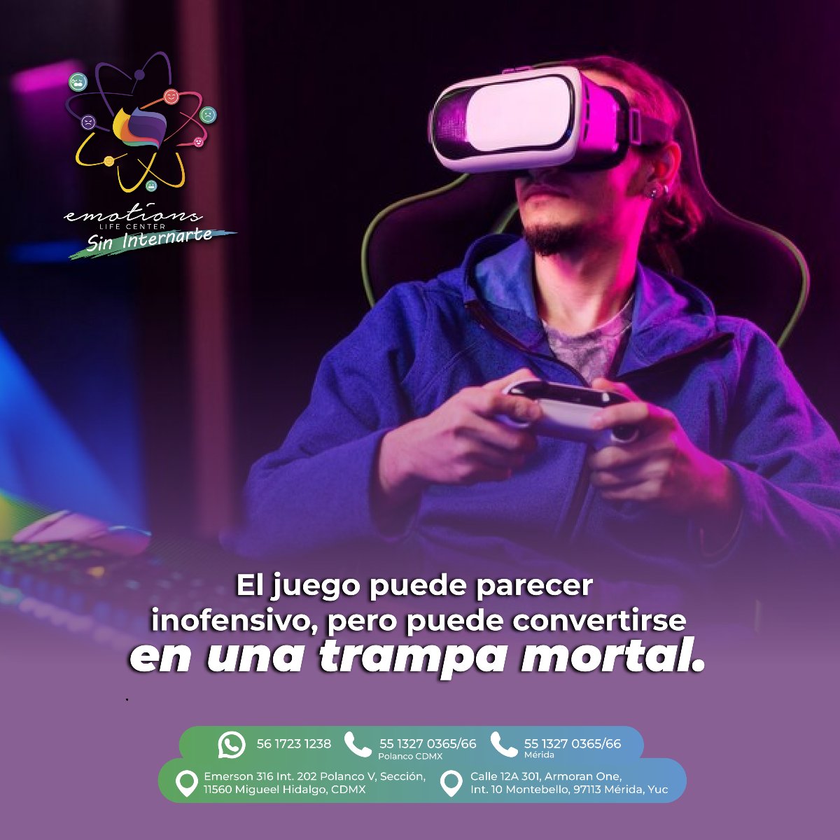 EmotionsCenter's tweet photo. No caigas en la adicción. Busca ayuda antes de que sea tarde. 🚫 

#adiccionalosvideojuegos #tratamientodeadicciones https://t.co/7dPJN1HwlP