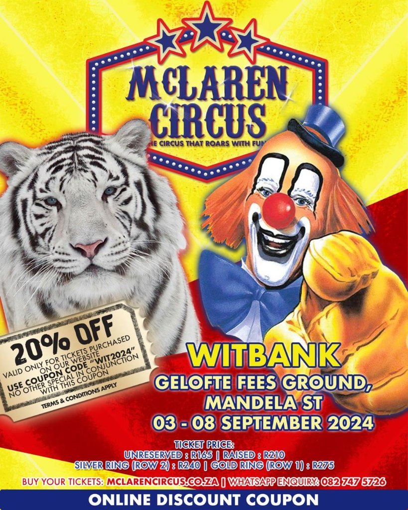 DenzilMclaren's tweet photo. Buy tickets online & save 20% for @mclarenscircus A1 Show in #Witbank until Sunday September 2024πͺπ₯³π
#Witbank #BelfastMP #Bethal #Bronkhorstspruit #Delmas #Kriel #MiddelburgMP #Mbombela #Nkangala #Ogies #Pretoria #Tshwane #Mpumalanga
Buy Tickets online: https://t.co/wsY55Vvbk8 https://t.co/ALALRTnMqB