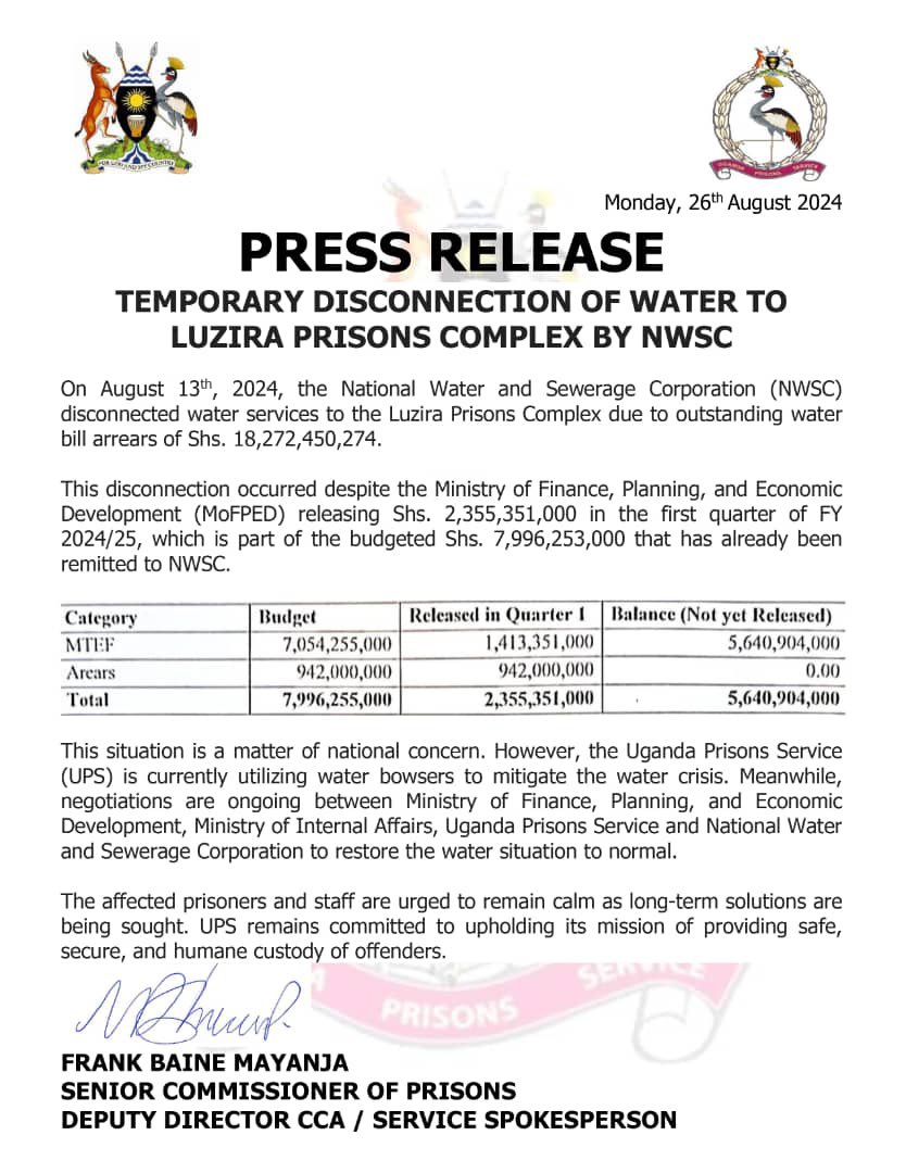 dreamtvug's tweet photo. Update: The National Water and Sewerage Corporation (@nwscug) has cut off water supply to Luzira Prison Complex over unpaid bills.
#DreamUpdates https://t.co/EIsBZpJHiW