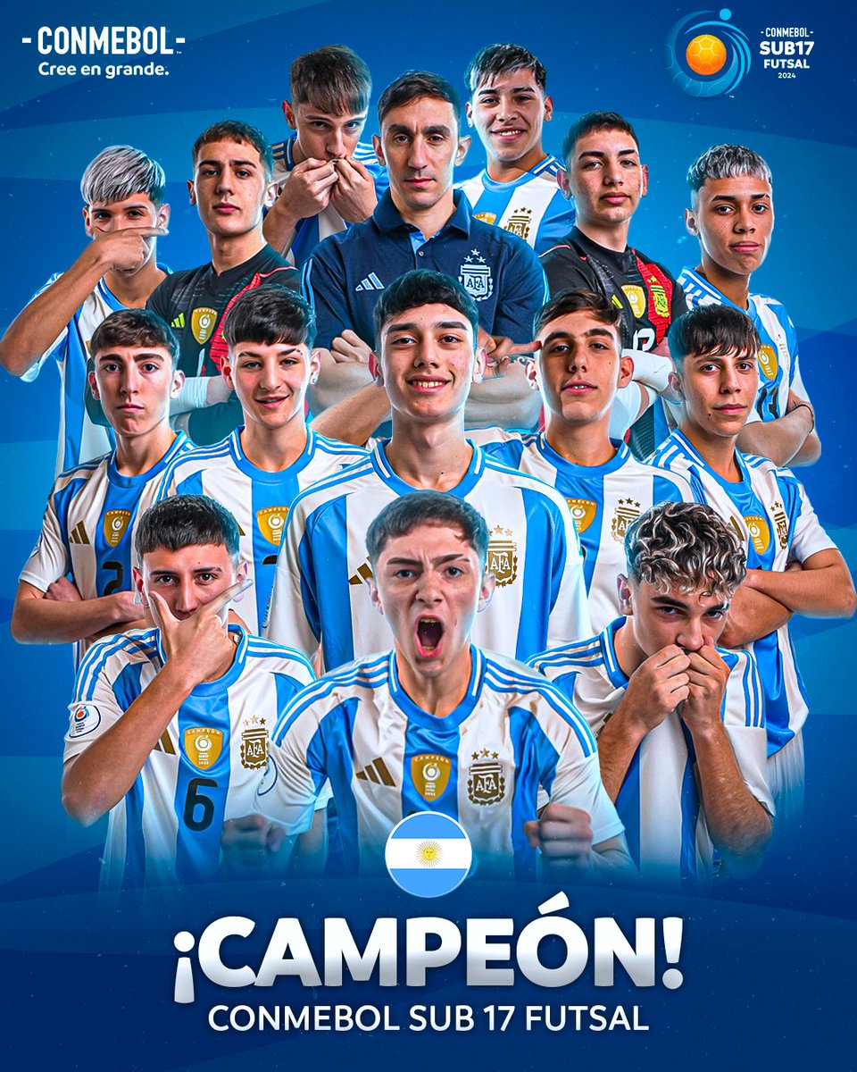 IDeportivoPY's tweet photo. Argentina repitió título y es otra vez el campeón del Futsal @CONMEBOL #Sub17FS.

Le ganó a Brasil 2 a 0 en la última fecha de la fase final. https://t.co/dUvURTKNZ6