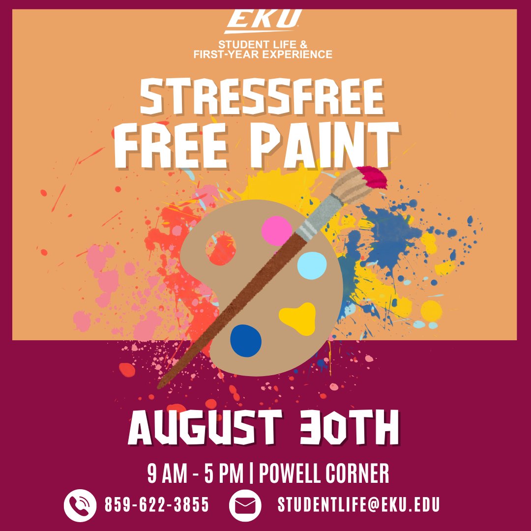 EKUStudentLife's tweet photo. Beginning of the school year causing you stress? No worries, we got you covered! Join us tonight and paint whatever you'd like. https://t.co/tLrkwoRo0E