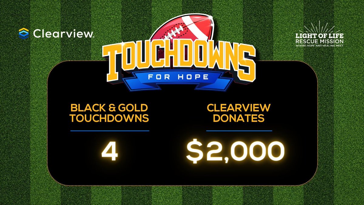 Clearview FCU (@clearview_fcu) on Twitter photo Another game in the books and 2 more touchdowns scored by our Black & Gold! 🏈 This brings our new donation total to $2,000 for <a href="/lightoflife/">Light of Life</a> 🖤 💛 Here we go! Another game in the books and 2 more touchdowns scored by our Black & Gold! 🏈 This brings our new donation total to $2,000 for <a href="/lightoflife/">Light of Life</a> 🖤 💛 Here we go!