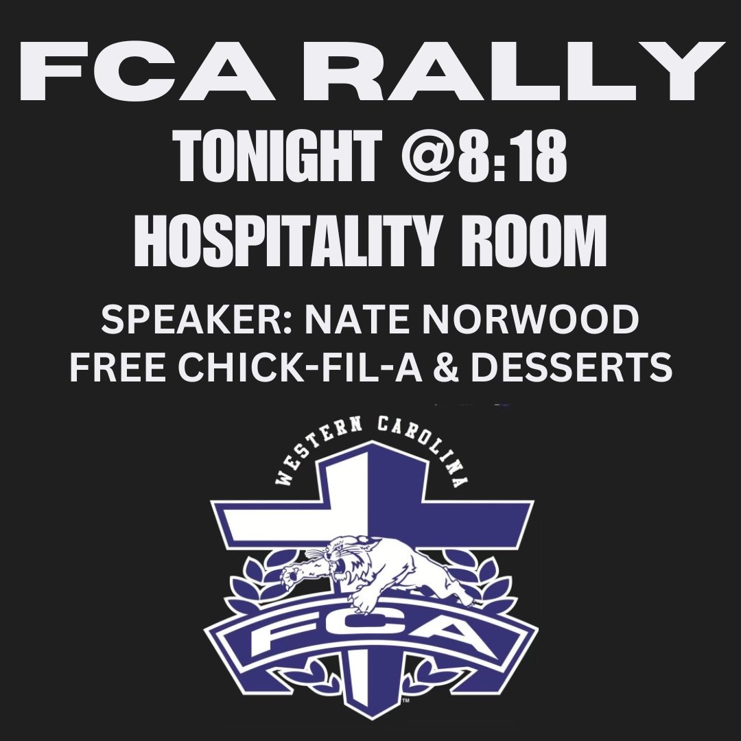 Tonight we will have our first FCA Rally of the semester. Nate Norwood will be the speaker tonight. Nate played football at App State and has served with FCA. Nate is currently apart of the Athletic Ministry staff at Anderson University.

Everyone is welcome!