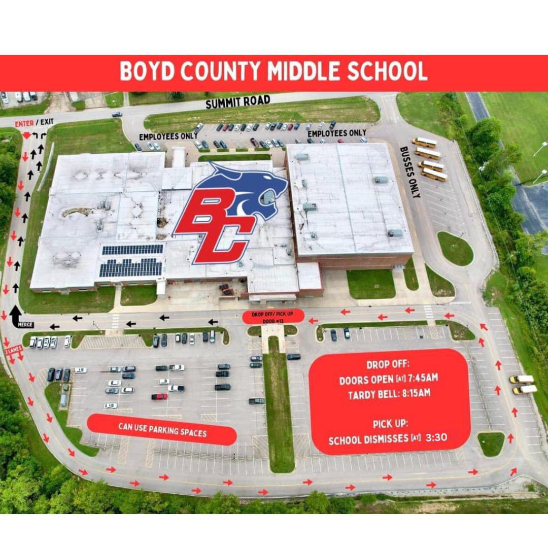 Boyd_Middle (@bcmsboyd) on Twitter photo Parent drop off and pick up info! Doors open at 7:45 am and close at 8:15 am. Students will be dismissed at 3:30 pm. Please follow the traffic pattern as indicated below. Parents may also choose to park for drop off and pick up. <a href="/BoydCoSuper/">BCPS-Superintendent</a> <a href="/BCPSdistrict/">Boyd Co. Public Schools</a> Parent drop off and pick up info! Doors open at 7:45 am and close at 8:15 am. Students will be dismissed at 3:30 pm. Please follow the traffic pattern as indicated below. Parents may also choose to park for drop off and pick up. <a href="/BoydCoSuper/">BCPS-Superintendent</a> <a href="/BCPSdistrict/">Boyd Co. Public Schools</a>