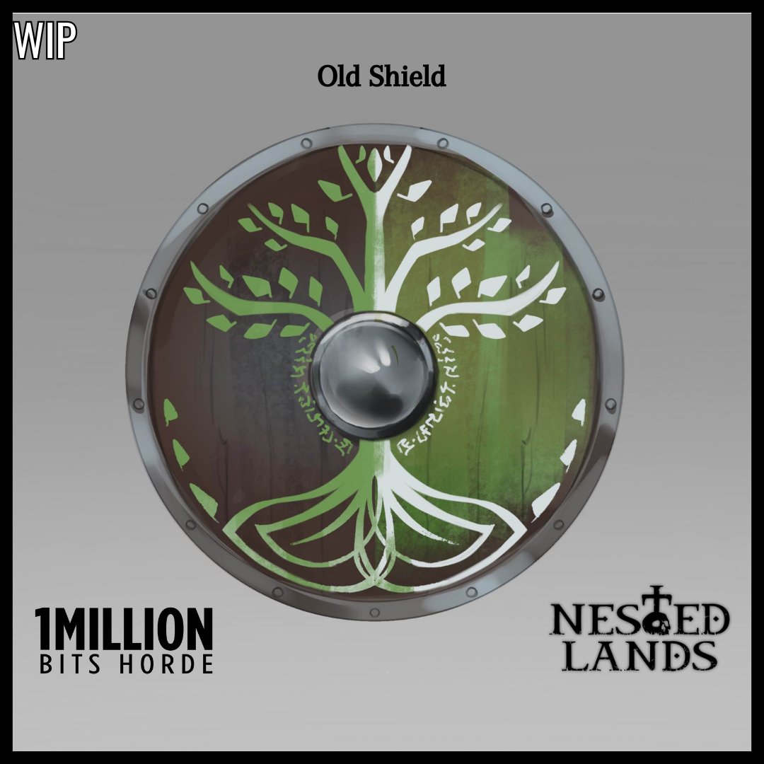 1mbitshorde's tweet image. Concept art and description for the &quot;Old Shield&quot; 👀

&quot;Shield made in the style of the Far North, from before the founding of Norovellir. It is said the warriors there fought like an impenetrable wall, and laughed in the face of their enemies.&quot;

#nestedlands #gameart #Games #1M