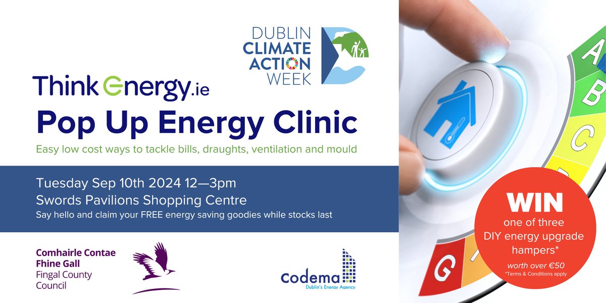 CodemaDublin's tweet image. To find out ways to tackle draughts &amp;amp; mould, reduce #energybills &amp;amp; more, stop in to the walk-in Pop-Up Home #Energy Clinic on between 12-3pm in the Pavilions Shopping Centre in Swords on Tues 10th September, as part of #DCAW24!

No registration needed.