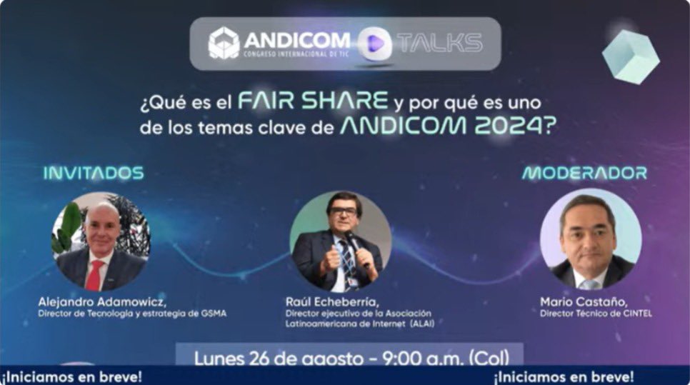 CINTELColombia's tweet photo. La versión 39 de @ANDICOM está por comenzar y como preámbulo tenemos el último espacio de #ANDICOMTalks en el que hablaremos sobre Fair Share y cómo lo abordaremos en el Congreso. 

¡Aún estás a tiempo de unirte a este espacio de conocimiento, acompáñanos ahora mismo en: https://t.co/AR1n3lKDUJ!