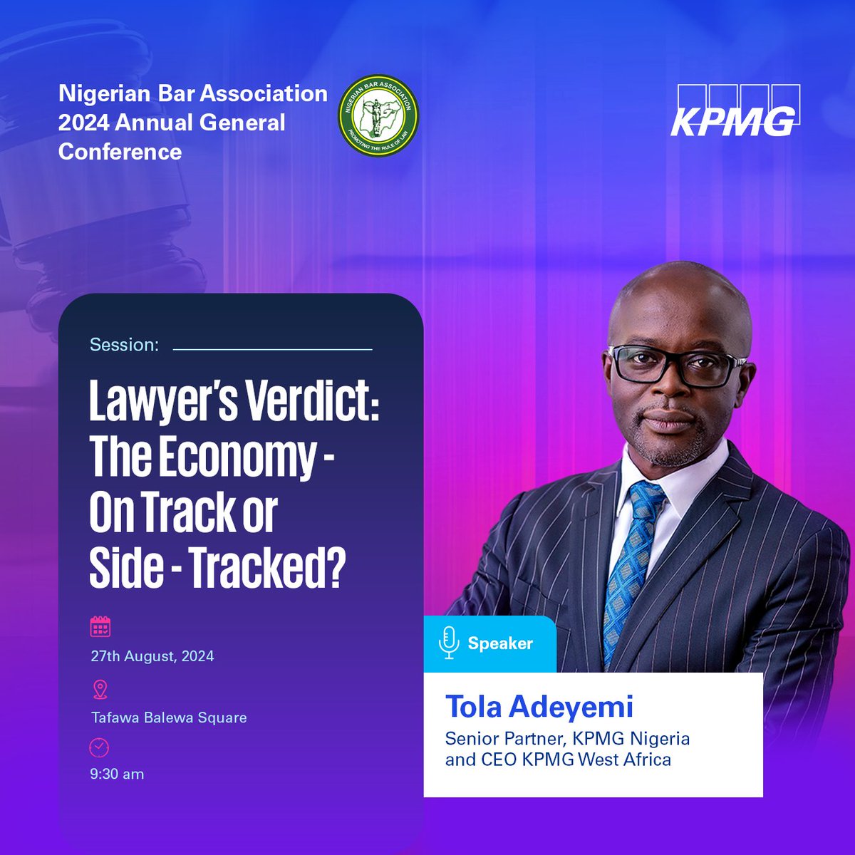 KPMG_NG's tweet photo. Tola Adeyemi, Senior Partner, KPMG Nigeria, and CEO, KPMG West Africa, will speak at the Nigerian Bar Association (NBA) 2024 Annual General Conference, themed "Pressing Forward: A National Posture for Rebuilding Nigeria".
(1/4) https://t.co/OE0LpeT8g4