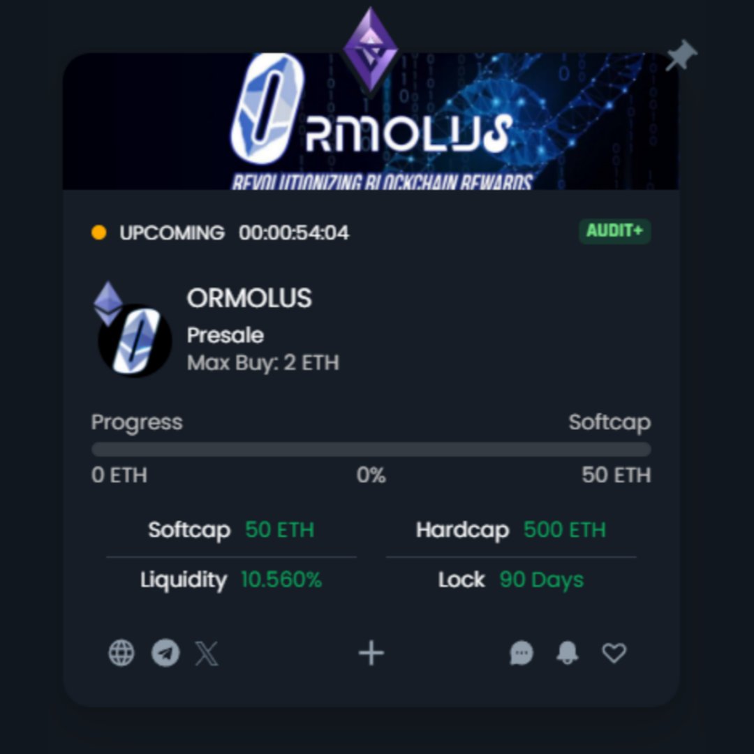 The presale for @ormolusPro is starting at 3pm UTC!🕗

✅Presale link: gempad.app/presale/0x47BB…

📱Check them out at: t.me/OrmolusPro

#ETH #Ethereum #DeFi #Presale #Web3