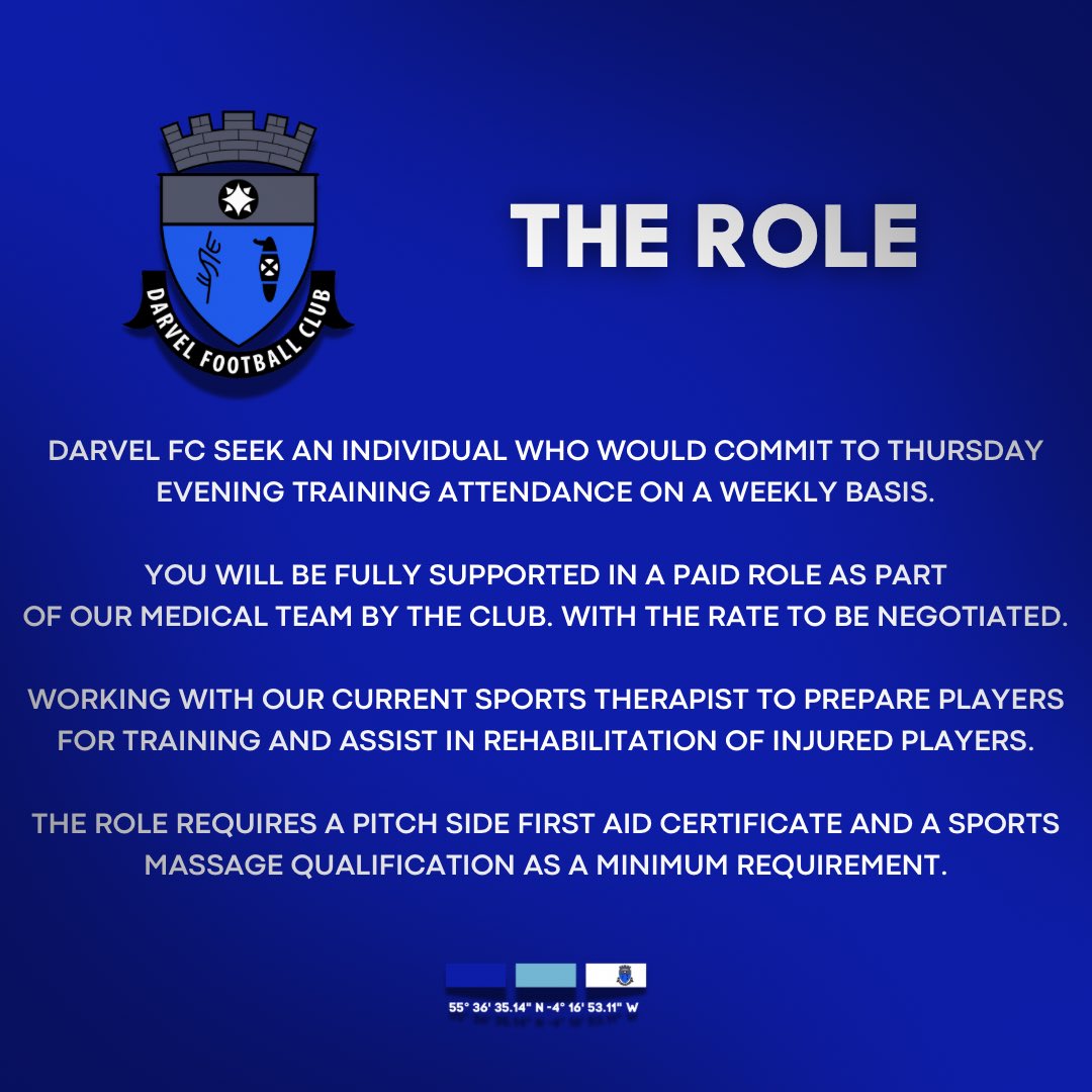 🏥 | Darvel FC seek a new Sports Therapist or Physiotherapist to work with our existing medical team. The role will require commitment for a Thursday evening training session and pay can be discussed at the intial meeting stage.

Contact darvelfcmedia@gmail.com with a brief