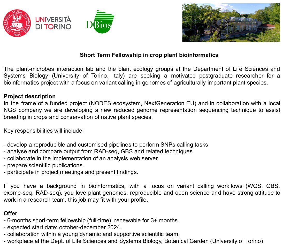 🚨Job alert! short term position in plant genomics at UNITO🚨
📢 We are recruiting a bioinformatician to work with me, @martino_adamo and other amazing people on a new approach for plant genotyping. Join us in Torino!
More info in the first comment
🙏Please RT