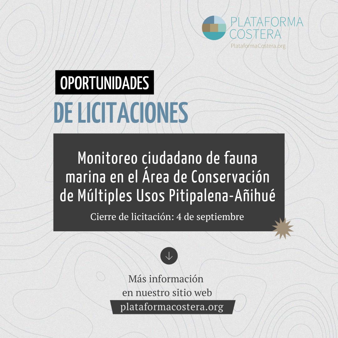 #Oportunidad 📣

✔ ¡Atención especialistas en fauna marina! El proyecto @gefgobernanza ha abierto una licitación para el "Monitoreo ciudadano de fauna marina" en el área Pitipalena-Añihué.

👇plataformacostera.org/oportunidades/…

#conservaciónmarina #monitoreociudadano #GEF #biodiversidad