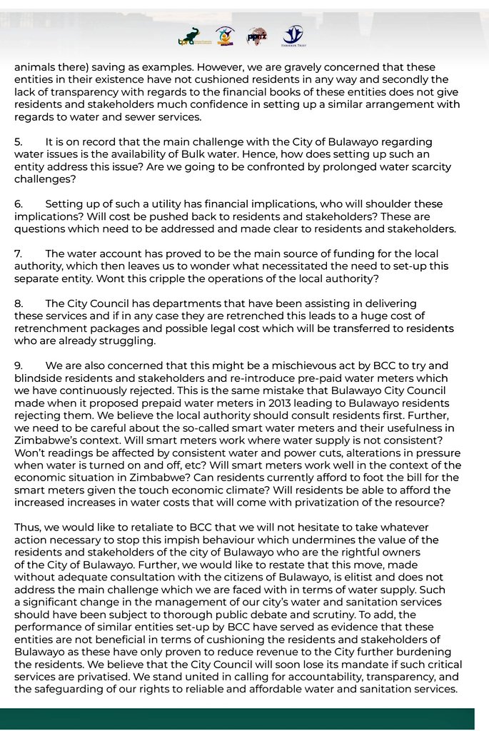 🚨For immediate release

Kindly take time to go through our statement on <a href="/CityofBulawayo/">The City of Bulawayo</a>'s resolution to establish a private water and sanitation utility. <a href="/NYDT1/">National Youth Development Trust</a> <a href="/PPRIZ2021/">Public Policy and Research Institute of Zimbabwe</a> <a href="/habakkuktrust/">HABAKKUK TRUST</a> 

<a href="/DiakoniaAfrica/">DiakoniaAfrica</a> <a href="/DanChurchAidZW/">DCA Zimbabwe</a> <a href="/DavidColtart/">David Coltart</a> <a href="/accountlabzw/">Accountability Lab Zimbabwe</a> <a href="/euinzim/">EU Delegation to Zimbabwe 🇪🇺</a> <a href="/claudephuti/">What's_A_Man</a>